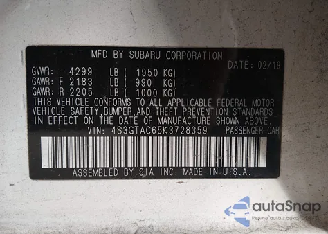 2019 Subaru Impreza 2.0I Premium из США, поврежденный, VIN 4S3GTAC65K3728359